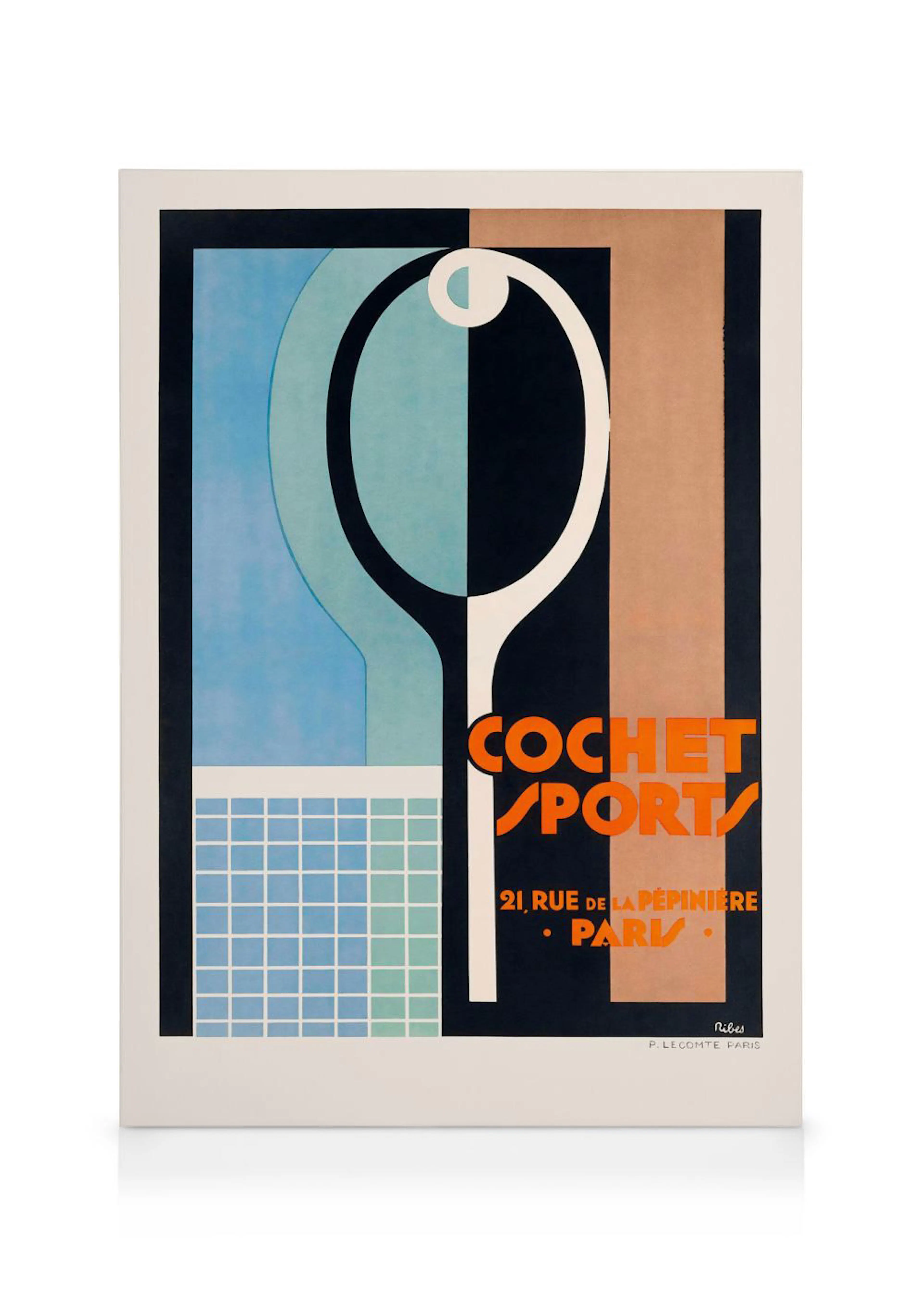 Vintage Tennis Leinwandbild mit abstraktem Schläger, blauem Feld und orangefarbenem Text, ideal für Sport- und Kunstliebhaber.