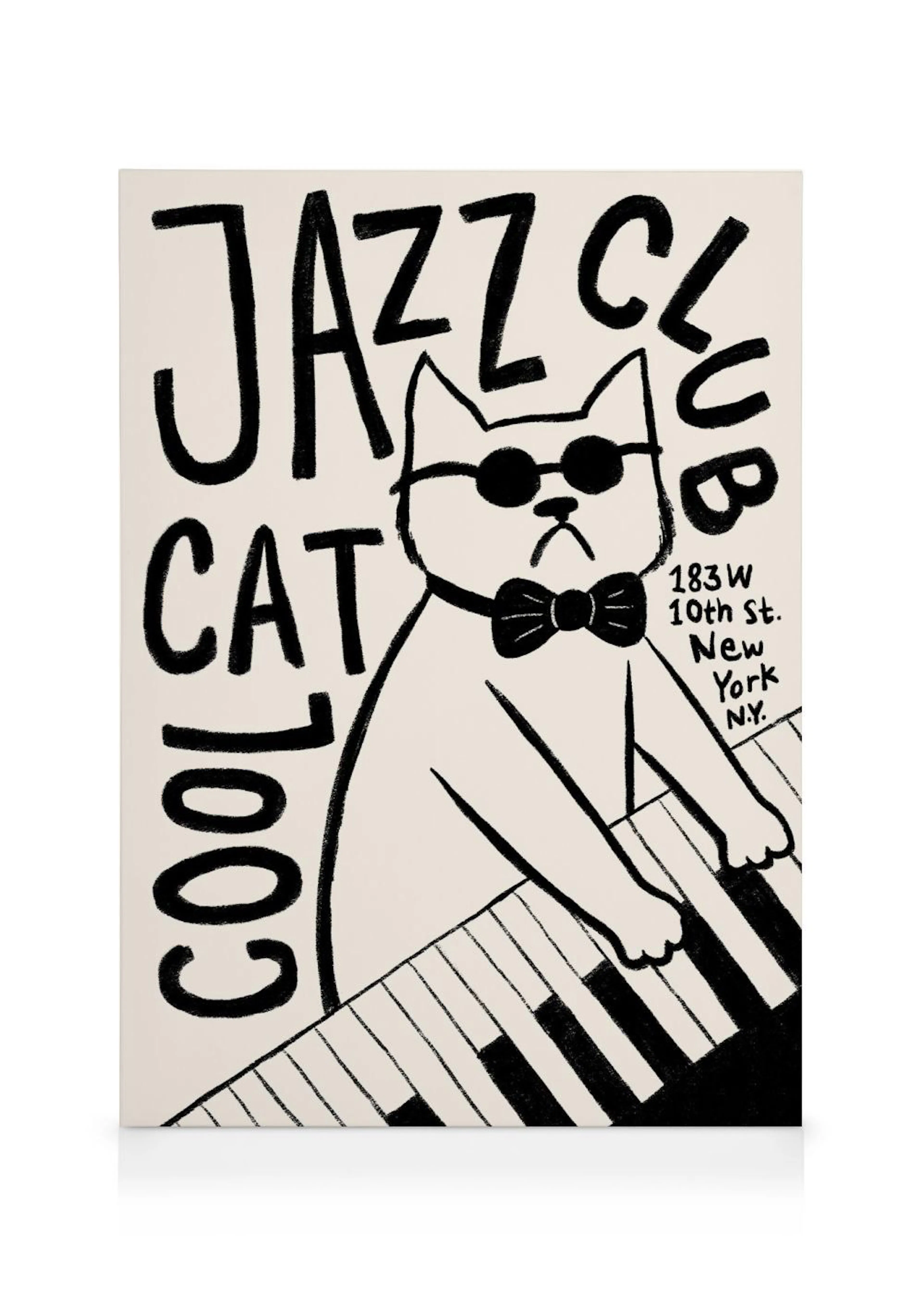 Cool kat i solbriller og butterfly, spiller jazzklaver. Sort-hvid illustration af jazzklub.