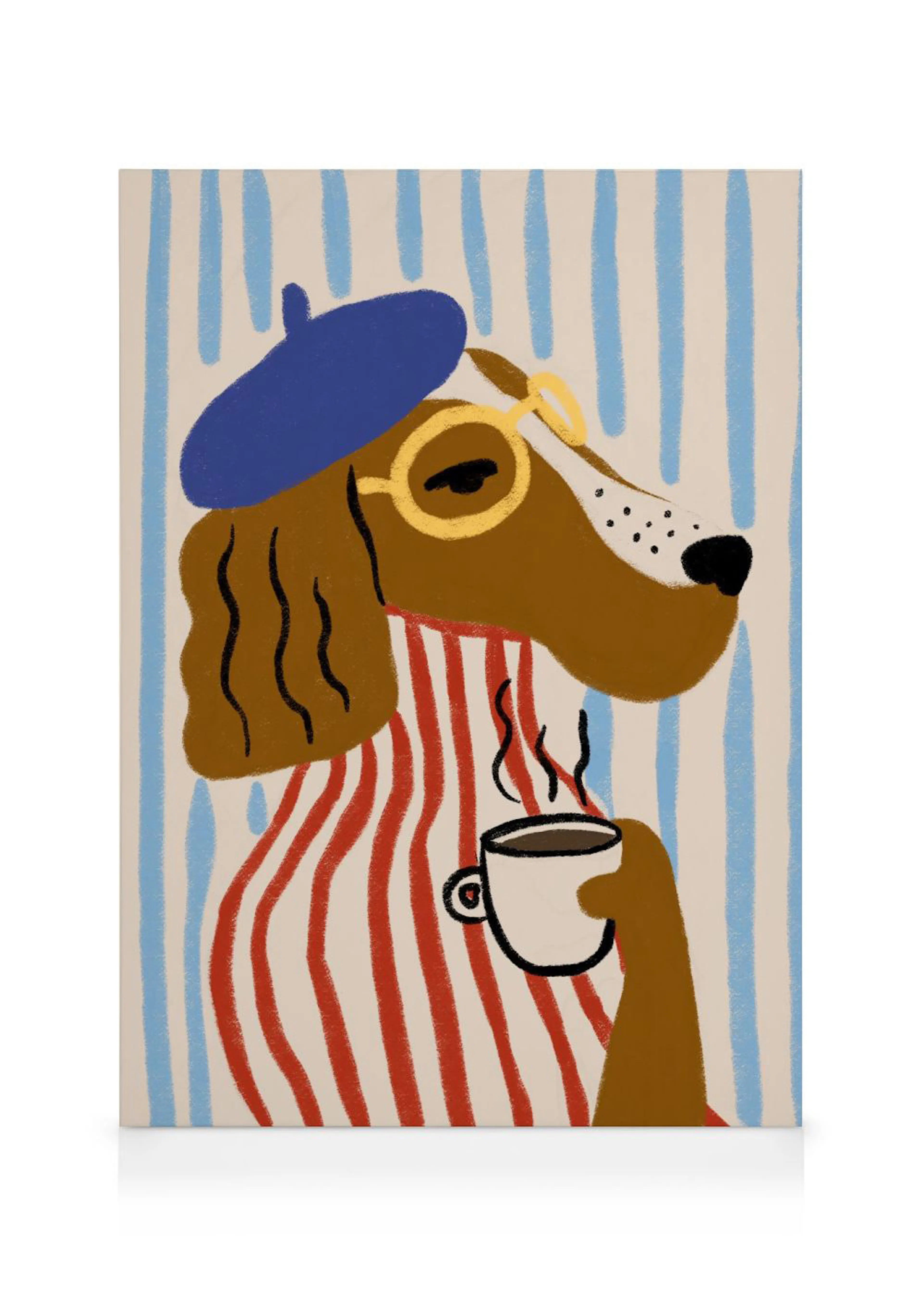 Toile dun chien sophistiqué avec béret, lunettes, marinière et tasse de café fumante, style dessin animé