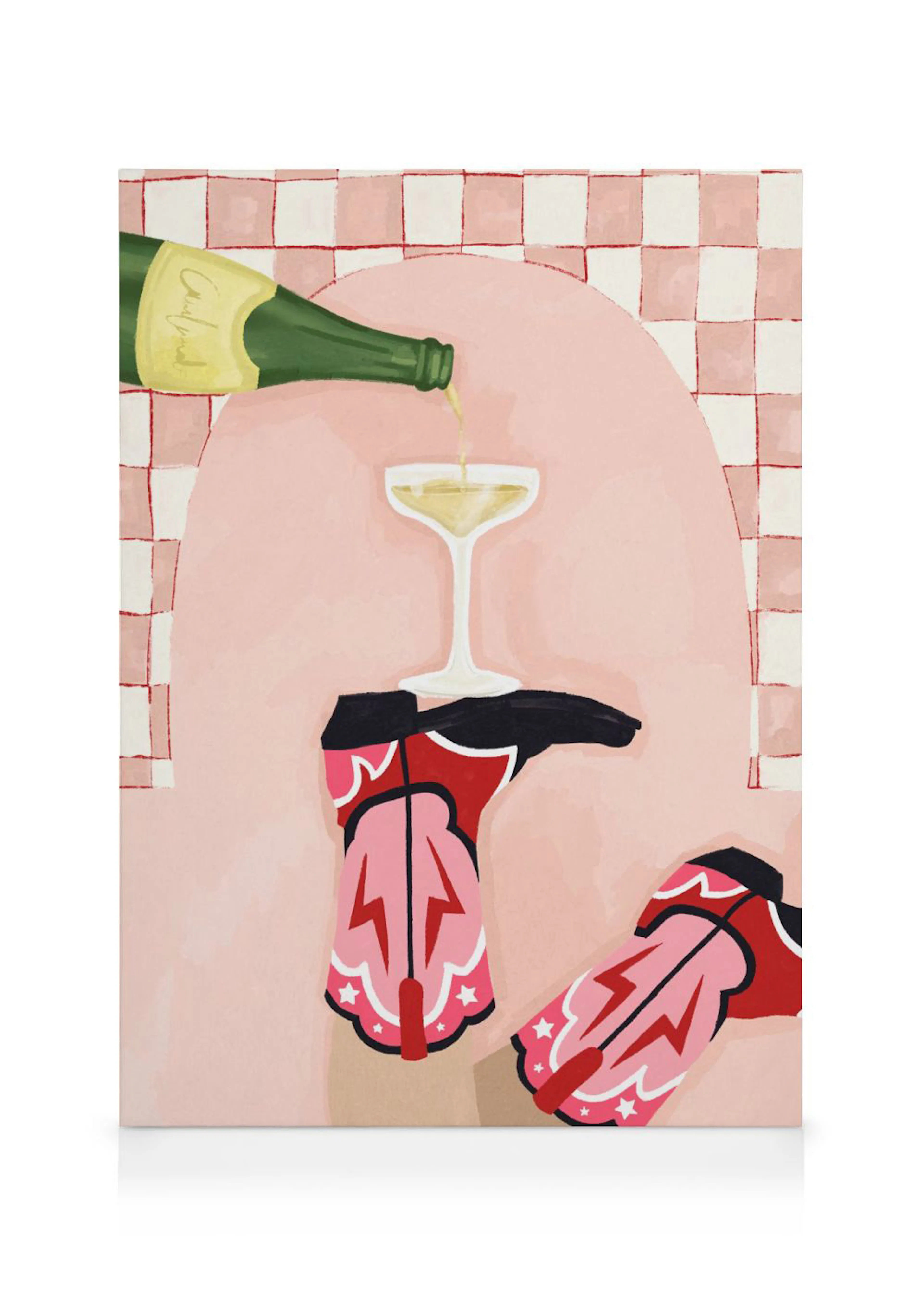 Lienzo con botas vaqueras rosas y rojas, una copa de cóctel y una botella de champán sobre un fondo rosa.