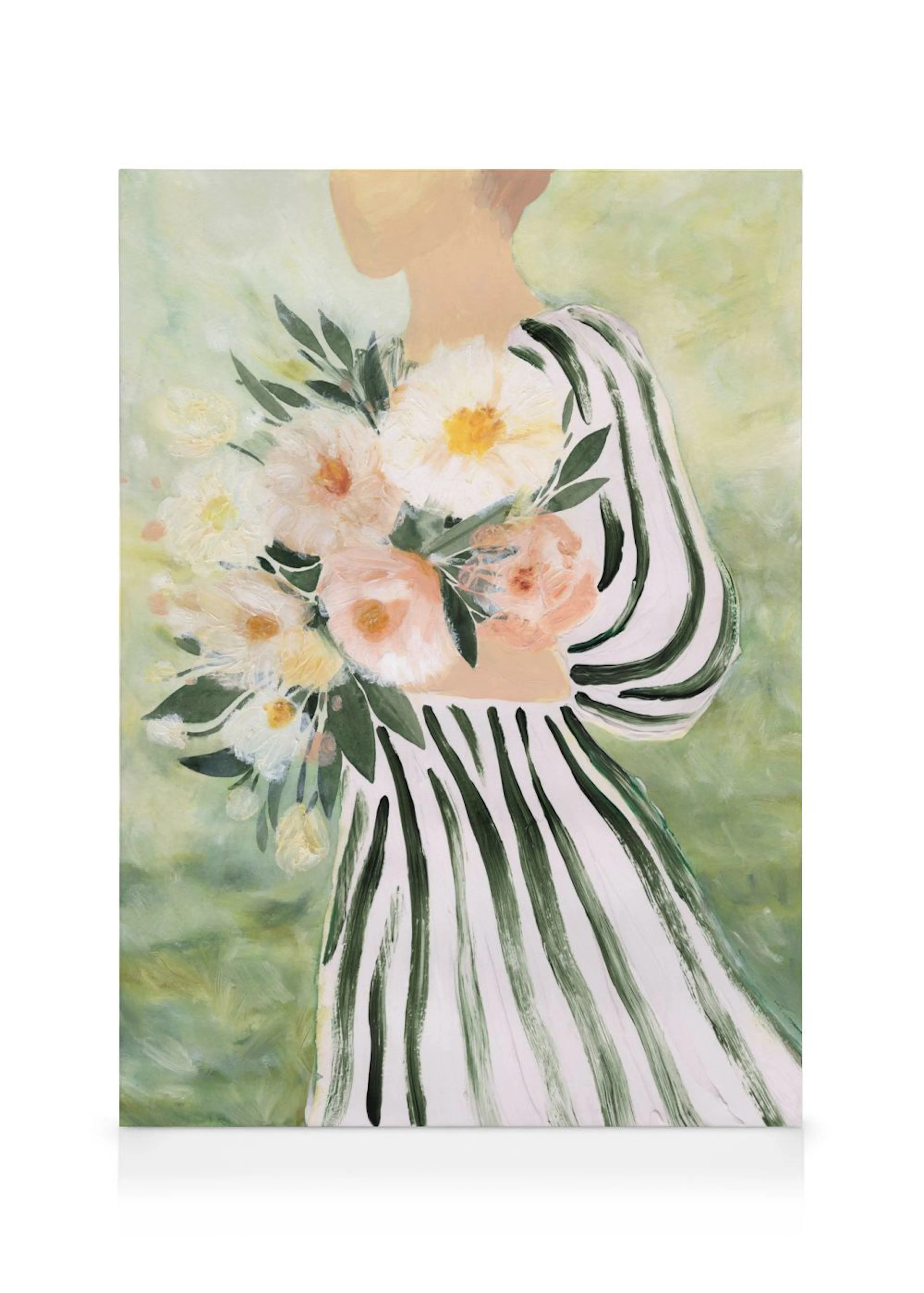 Botanical female figure in striped dress holding a bouquet of white, peach, and yellow flowers on a green background.