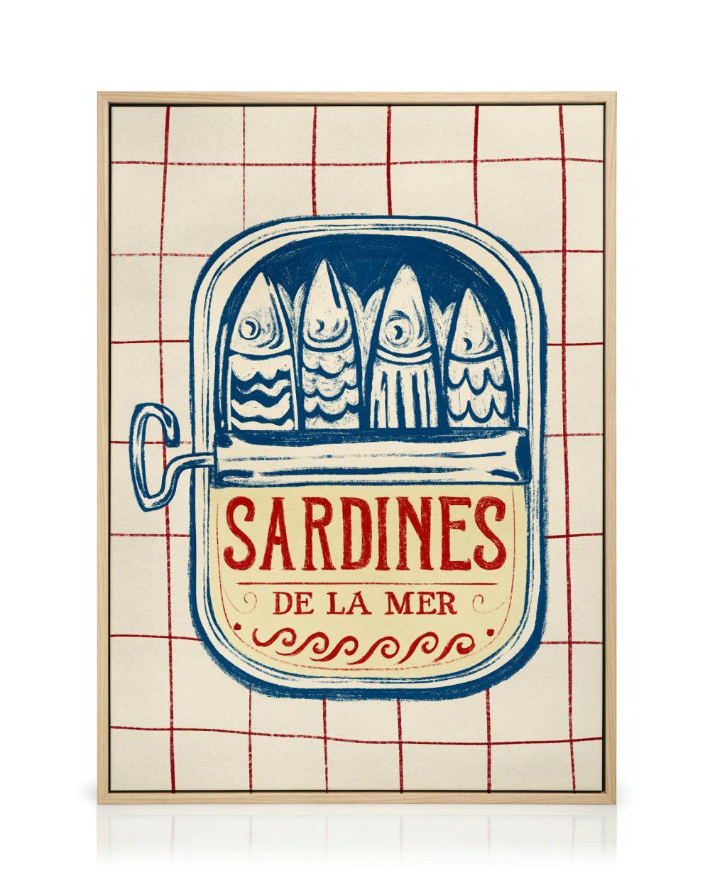 En canvastavla med en illustration av en sardinburk med fyra fiskar och texten SARDINES DE LA MER på rutigt mönster.
