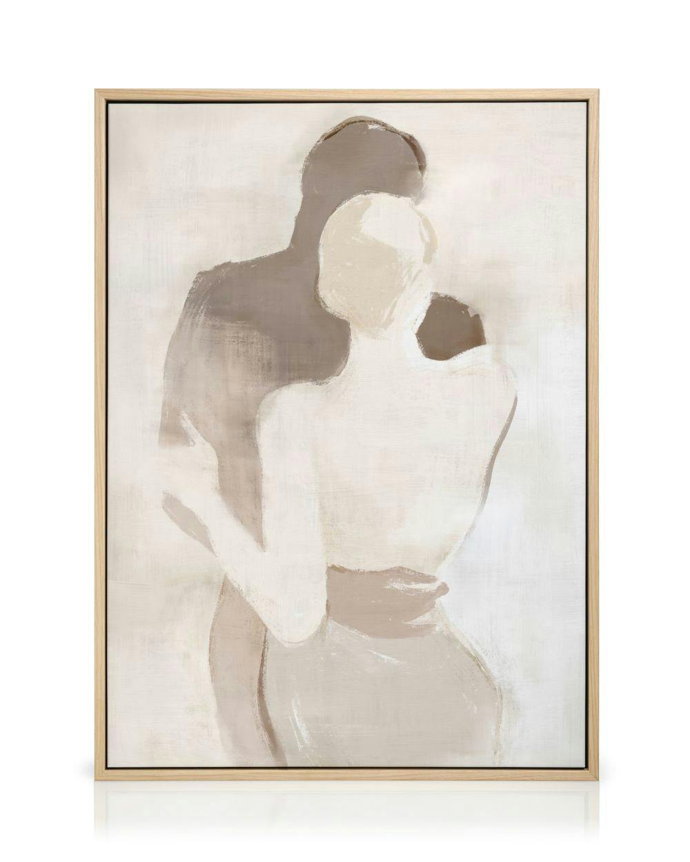 Abstract canvas print of two embracing figures in beige and brown, simple brushstrokes, modern couple wall art.