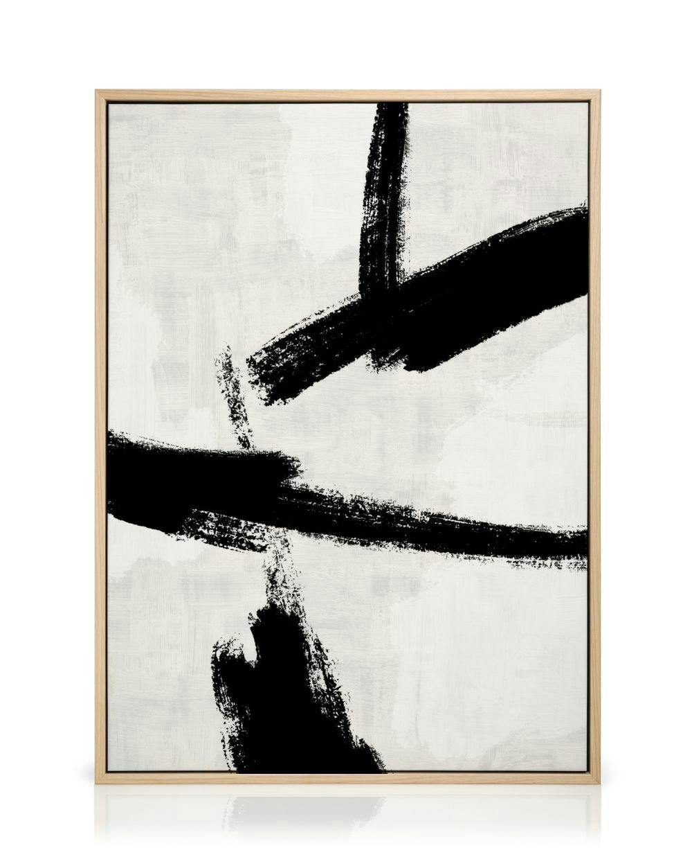 Stampa su tela con pennellate nere astratte su sfondo bianco, texture grigie, arte moderna.