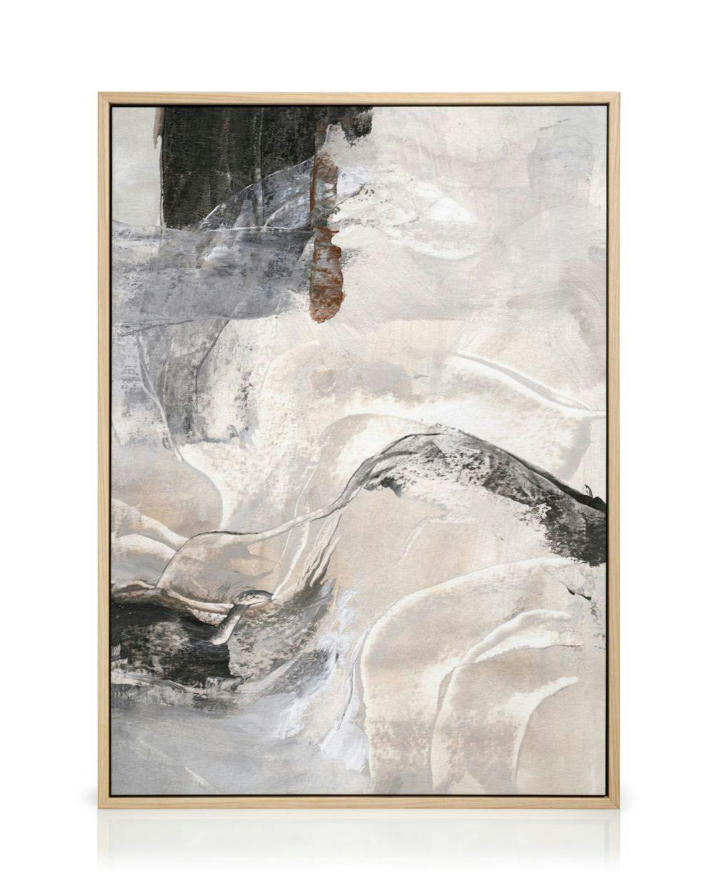 Toile abstraite verticale aux motifs de tourbillons et courbes en noir, blanc, gris et brun, à laspect de paysage blanc.