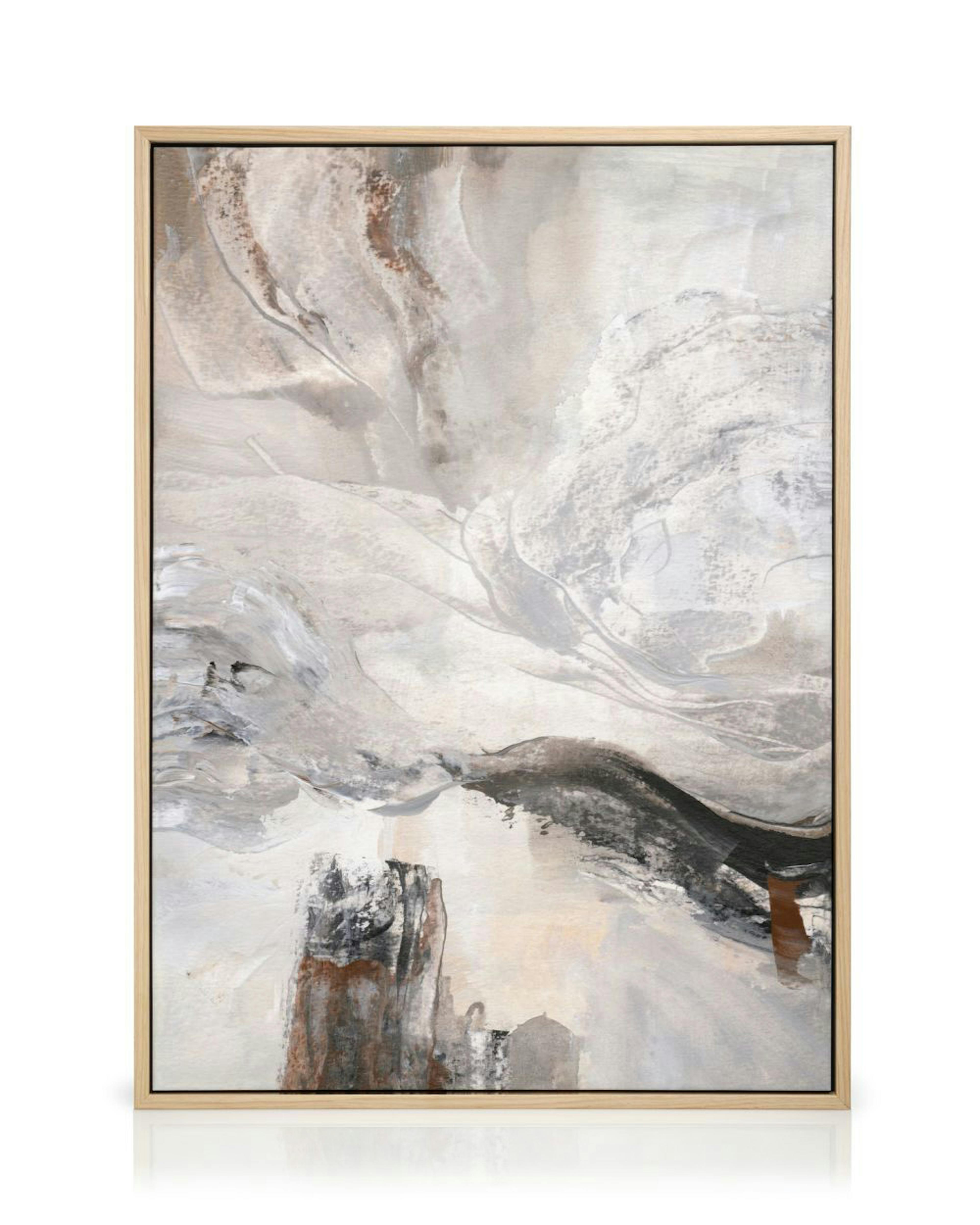 Toile abstraite aux formes organiques et tourbillonnantes, tons marron, blanc et gris beige avec des textures variées.