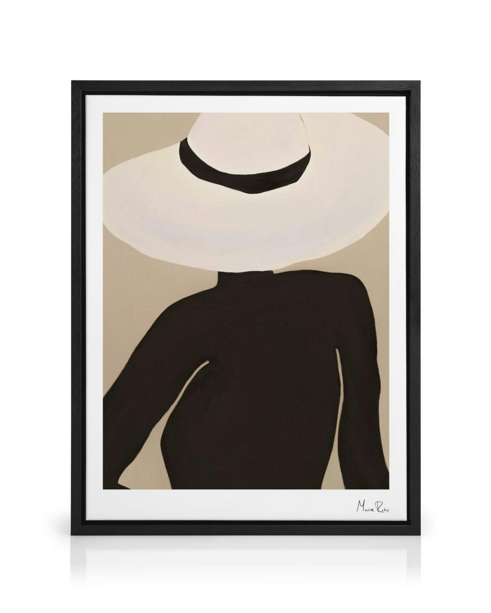 Oljemålning av kvinna i svart hatt mot brun bakgrund, elegant väggkonst.