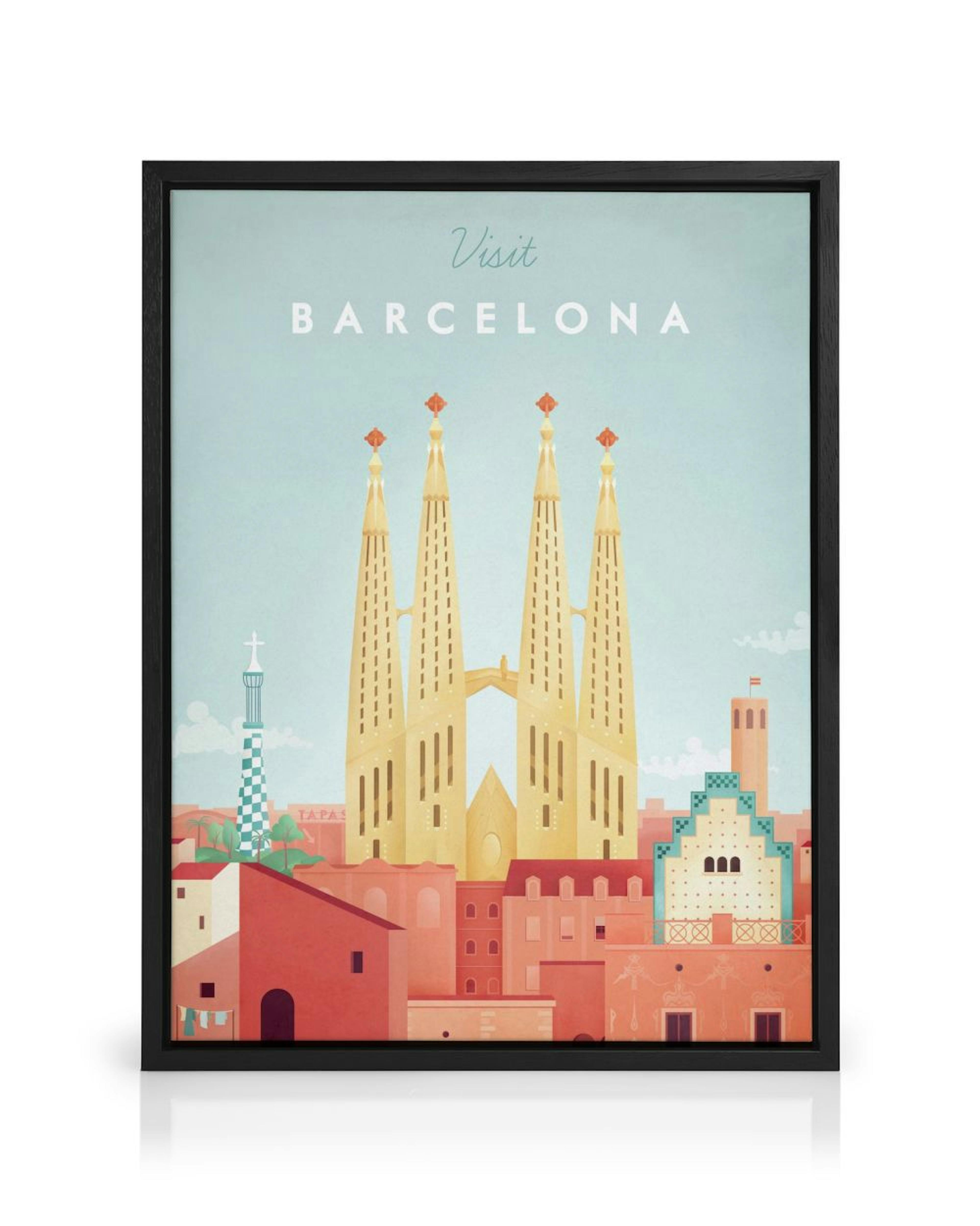 Henry Rivers Barcelona travel canvas print featuring Sagrada Familia, red rooftops, and blue sky.