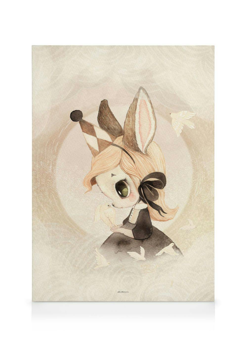 Lienzo de Miss Saga, ilustración de niña con orejas de conejo, sombrero de fiesta y atuendo blanco y negro, sobre fondo beige co