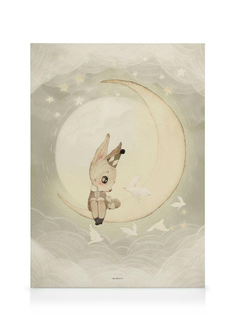 Kanin på halvmåne lærred med hvide duer og stjerner, Mr Sam.