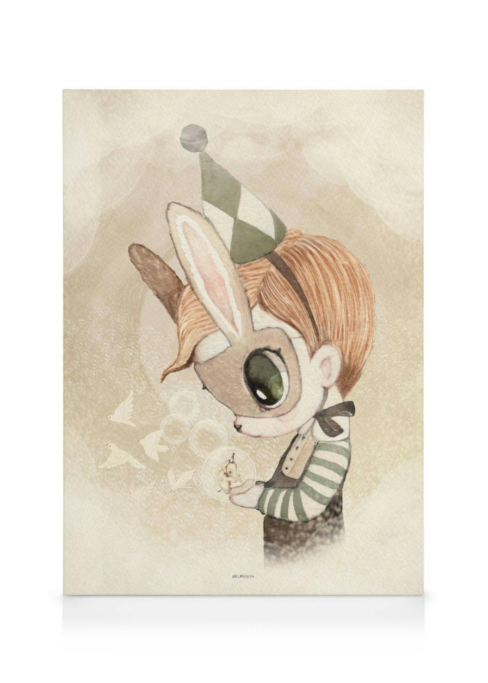 Stampa su tela con ragazzo dal volto di coniglio, grandi occhi verdi, colori marroni tenui. Ideale per la stanza dei bambini.