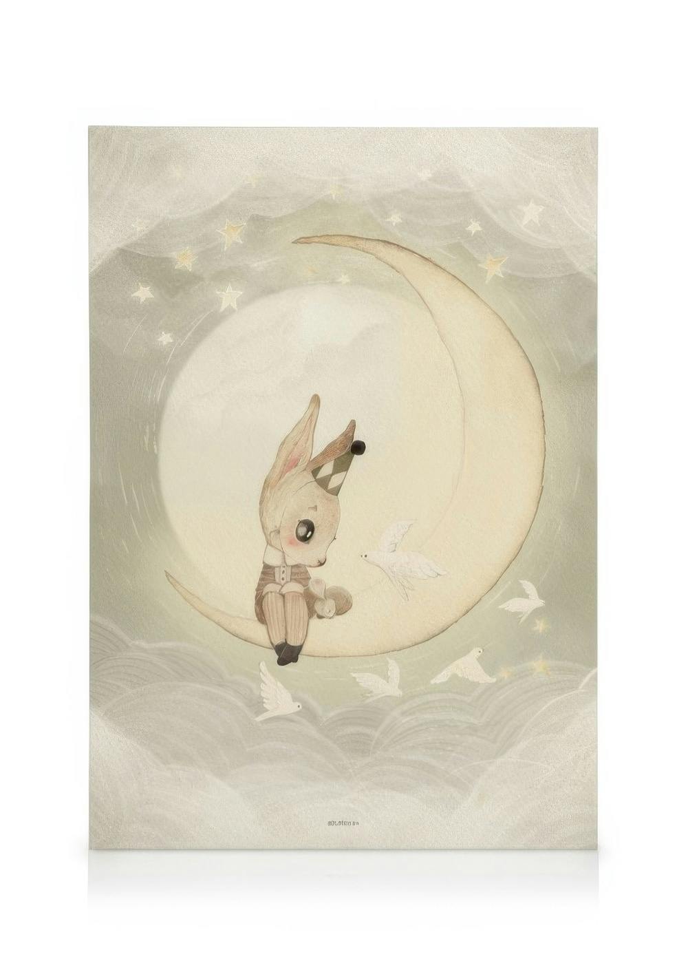 Toile enfantine dun lapin déguisé en arlequin assis sur un croissant de lune, entouré doiseaux et détoiles filantes.