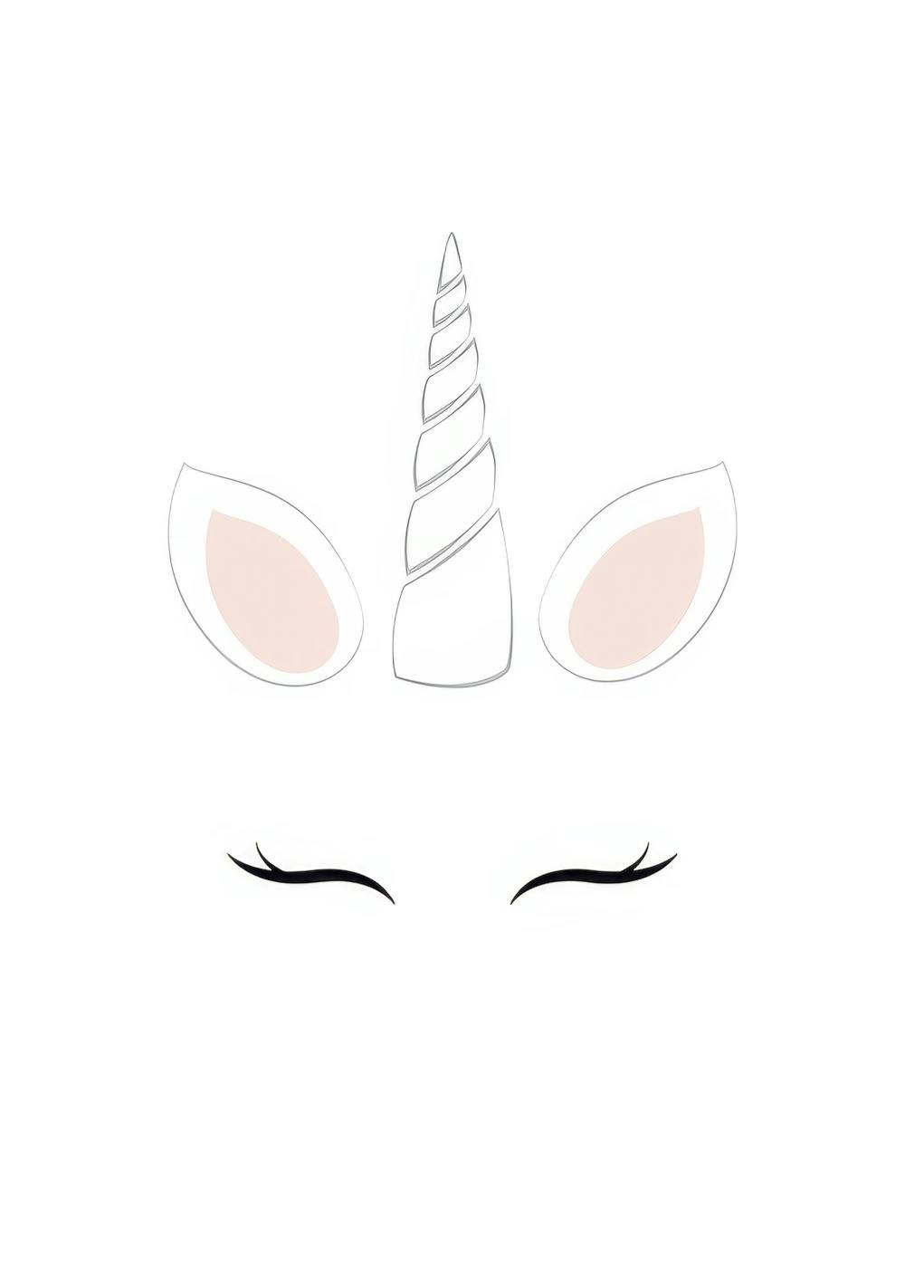 Cute unicorn poster with closed eyes, soft pink ears, and a grey horn. Ideal for a childrens room or nursery decor.