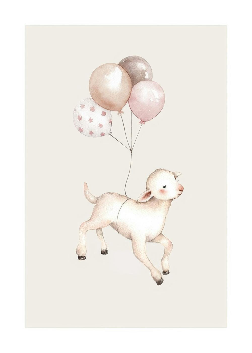 Watercolor illustration of a baby lamb floating with pink and brown balloons on a light background.