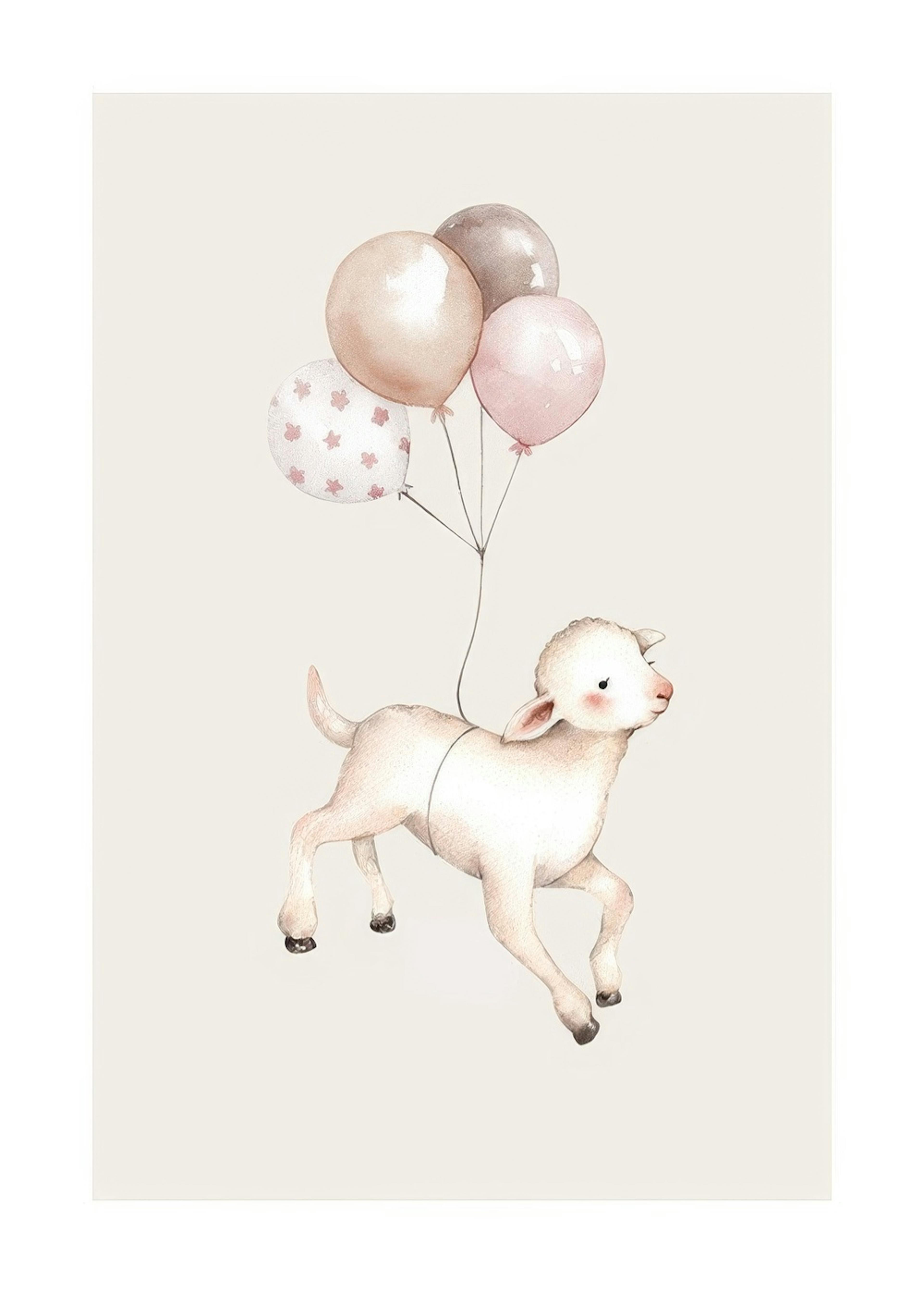 Affiche dun agneau blanc volant, tenu par des ballons de couleurs pastel, sur fond beige clair.