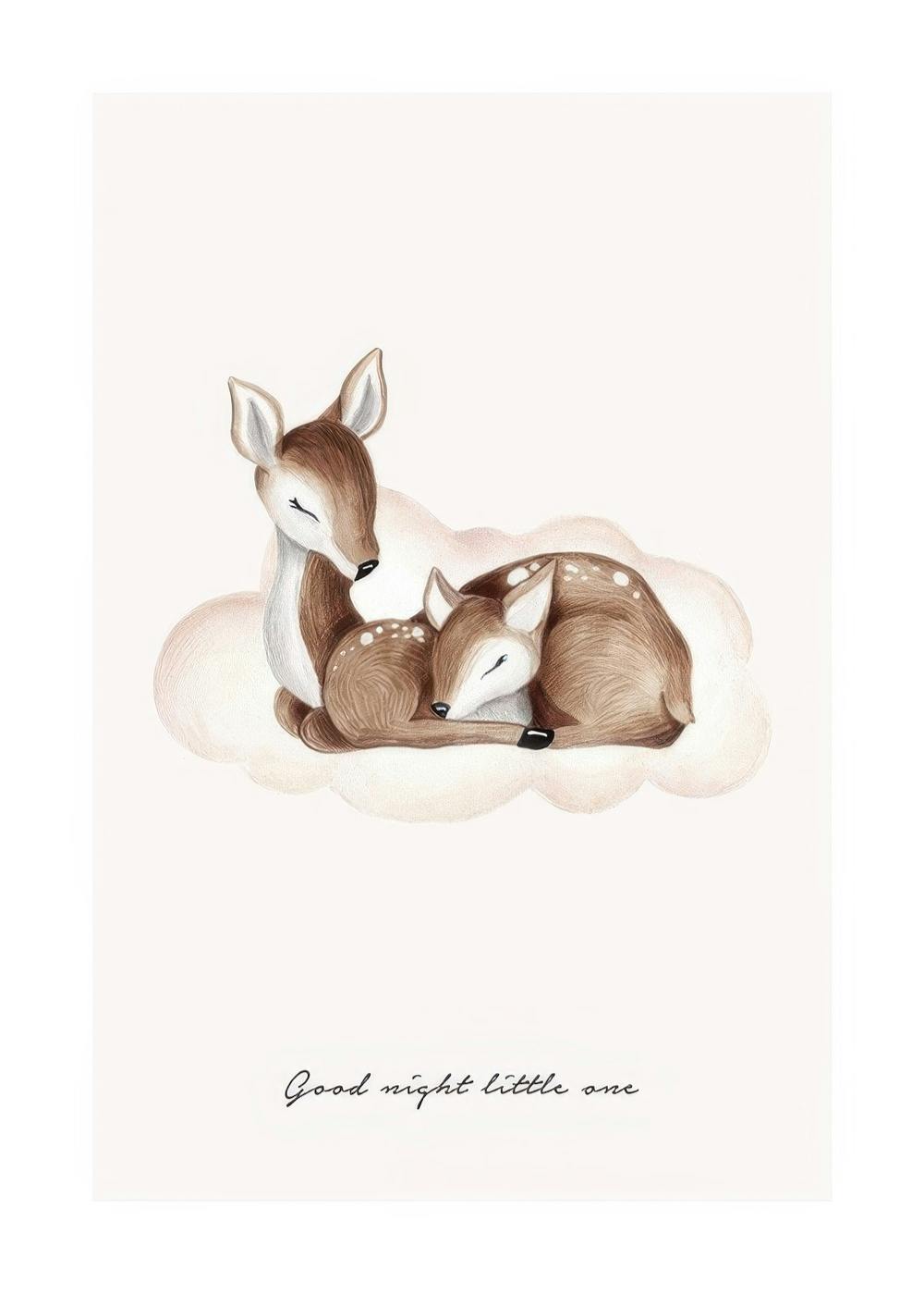Plagát s akvarelovou ilustráciou spiacej srny a mláďaťa na bielom obláčiku s textom Good night little one.