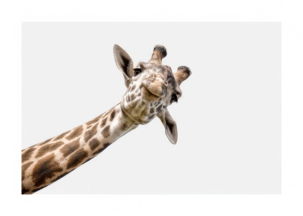 Neugierige Giraffe, die von der Seite in das Bild schaut, mit braunen Flecken auf dem Hals vor hellgrauem Hintergrund.