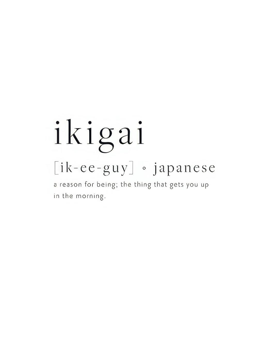 Affiche Ikigai avec le mot et sa définition en typographie noire sur fond blanc