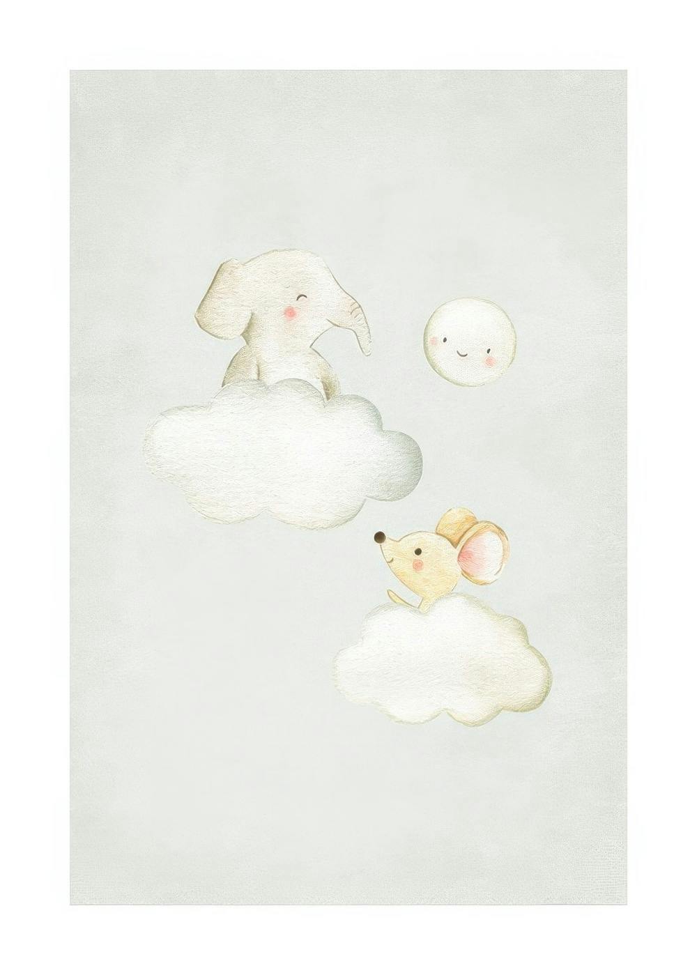 Watercolor art print of a cute elephant and mouse on white clouds with a smiling moon on a light blue background.