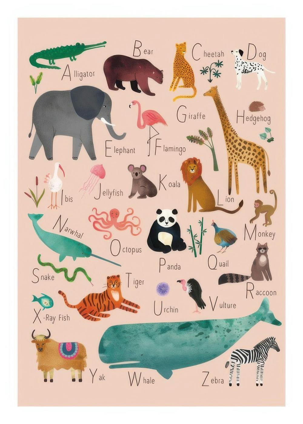 Educational alphabet poster with animal illustrations on a pink background, perfect for kids rooms.