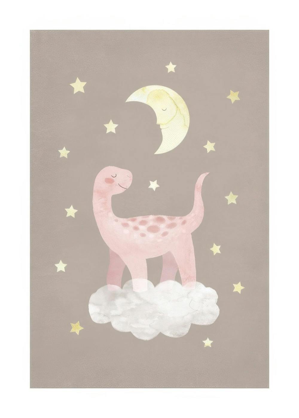 Affiche dun dinosaure rose sur un nuage, avec des étoiles et une lune sur fond marron. Typographie enfantine.