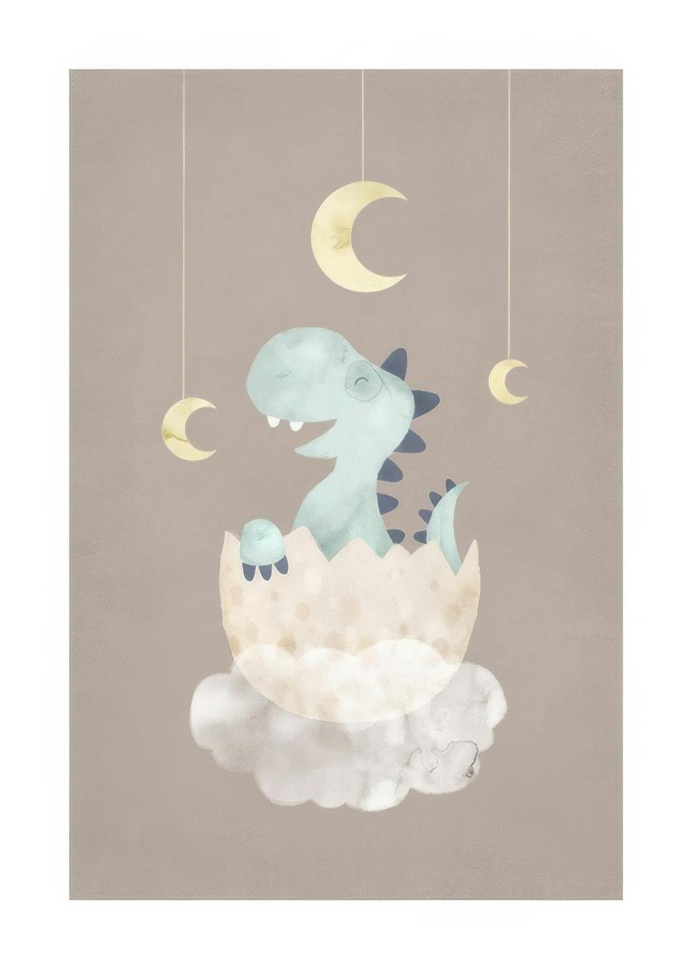 Affiche dun bébé dinosaure bleu sortant dun œuf sur un nuage, avec des lunes suspendues, sur fond marron.