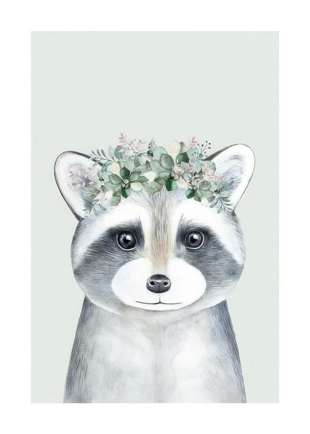 Poster met illustratie van een schattige wasbeer met bloemenkroon op een lichtgroene achtergrond.