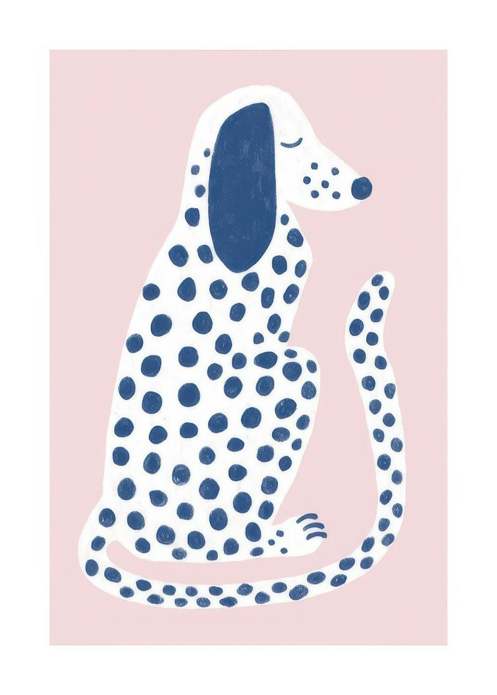 Poster: Weißer gefleckter Hund mit blauen Punkten und Ohren, sitzend auf rosa Hintergrund. Minimalistisches Design.