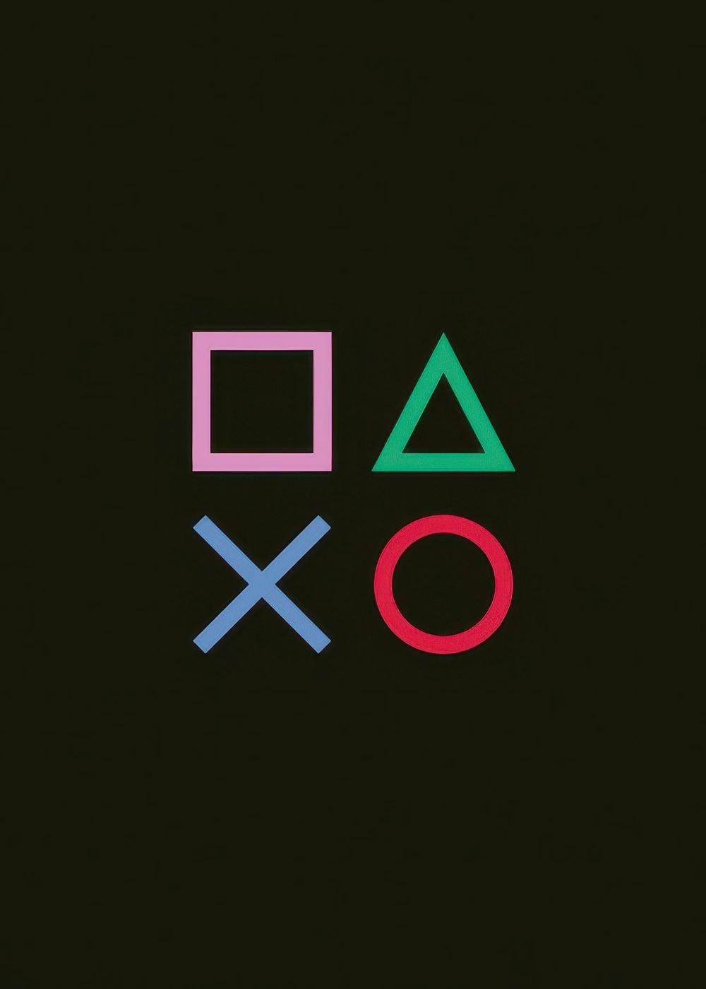 Graphic poster with pink square, green triangle, blue X, and red circle gaming controller symbols on a black background.