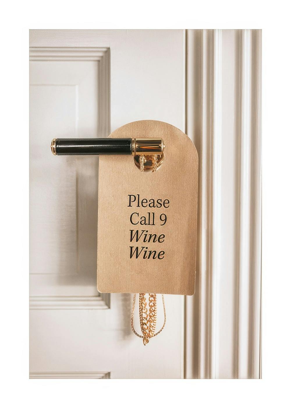 Plakat med brunt dørskilt, svart dørhåndtak og teksten Please Call 9 Wine Wine i svart skrift.