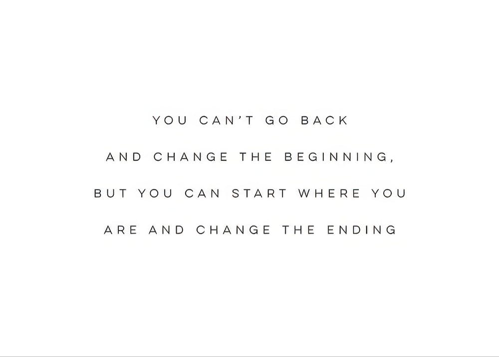Mustavalkoinen tekstijuliste sitaatilla You cant go back and change the beginning, but you can start where you are and change th