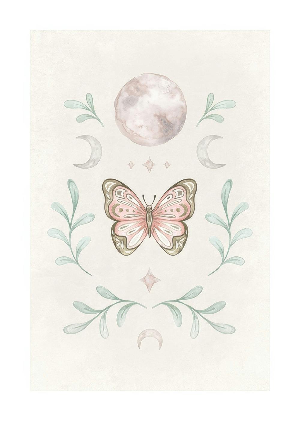 A mystical butterfly print with a moon and crescent moons, hanging above a white nightstand in a bedroom.
