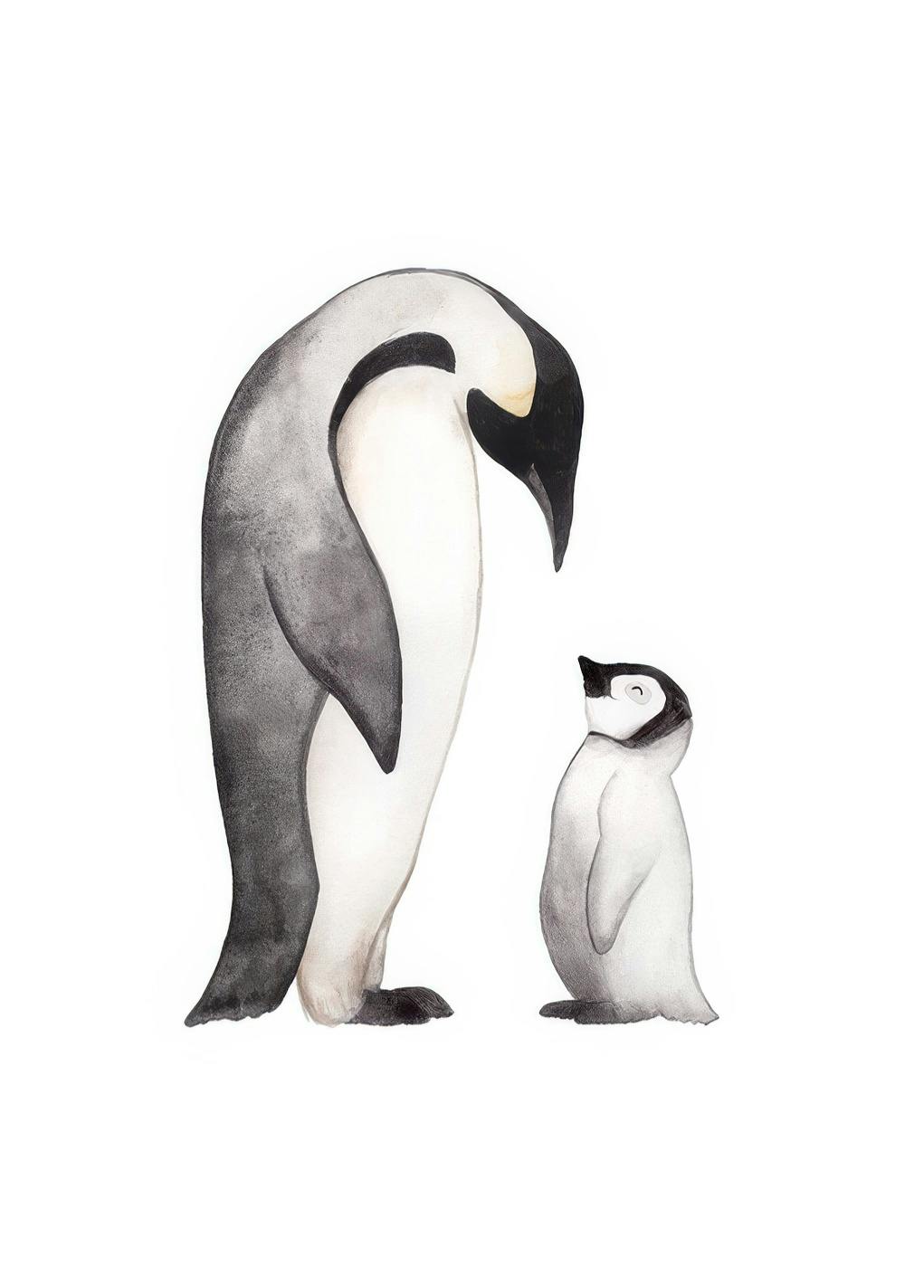 Watercolor penguin family print, featuring an adult and baby penguin in black, white, and grey tones.
