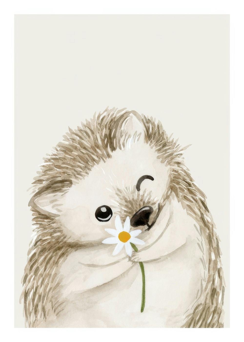 Póster de erizo bebé guiñando un ojo y sosteniendo una margarita, arte de acuarela para habitación infantil.
