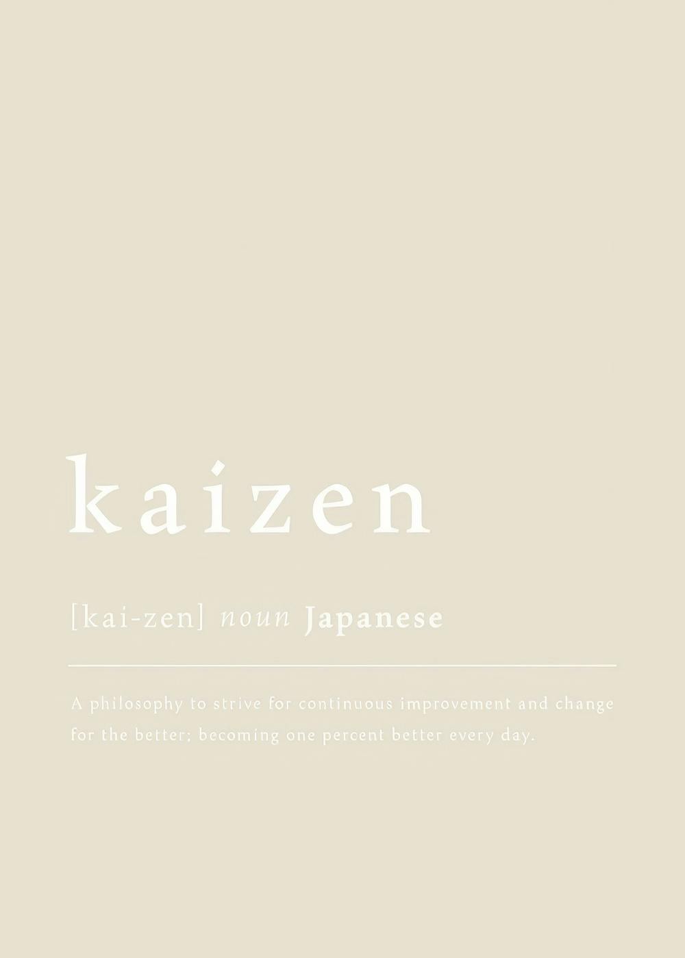 Póster de definición Kaizen en blanco sobre fondo beige, con texto y cita motivadora