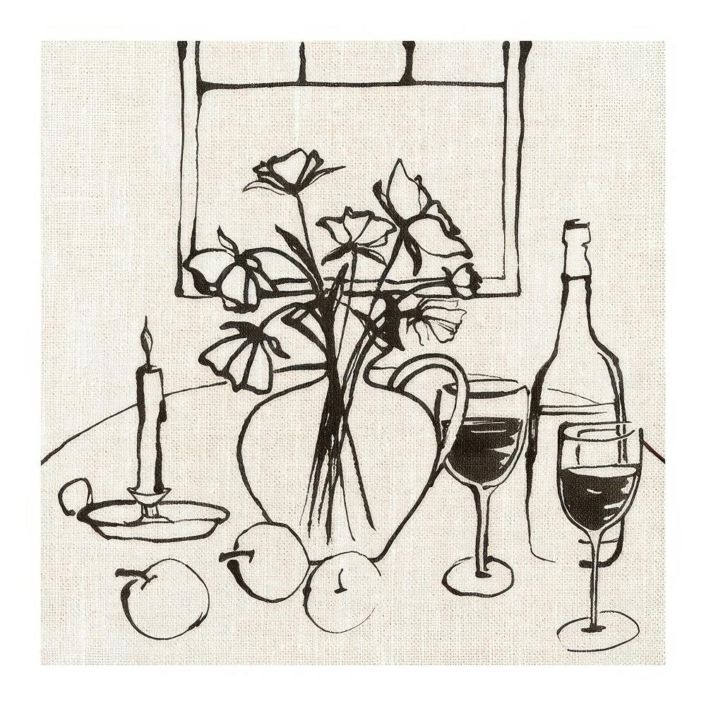 Póster de mesa de jantar com vinho, flores, e fruta; arte linear preta sobre fundo bege. Decoração de cozinha.