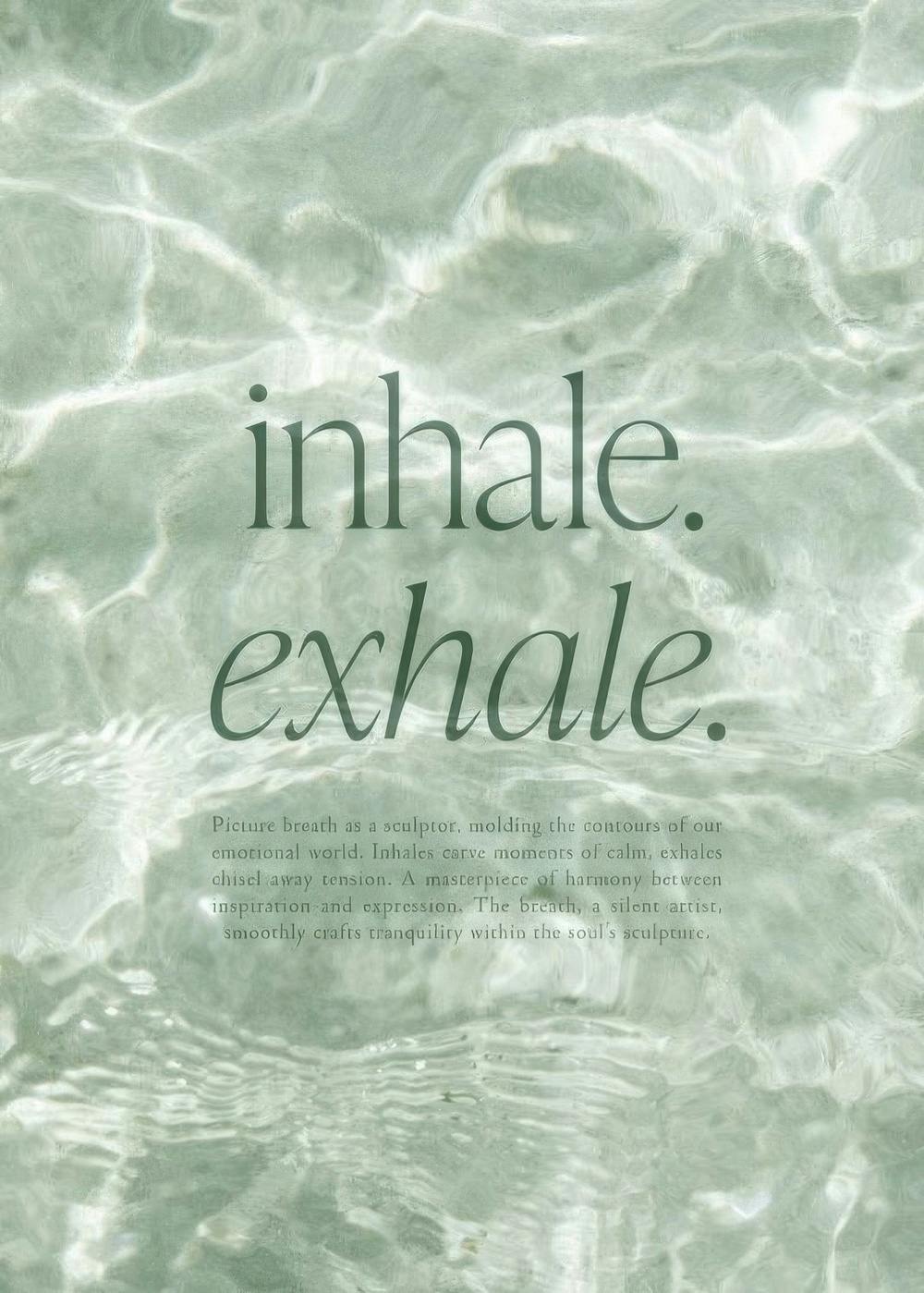 Green water poster with inhale. exhale. text, ripples and sunlight reflection for mindfulness.