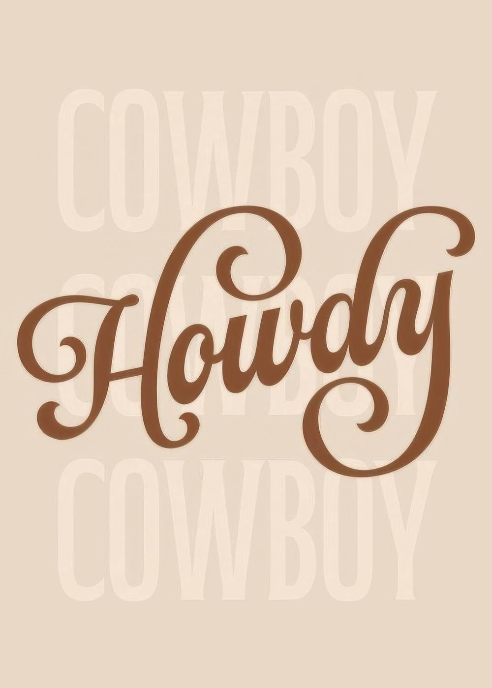 Howdy Cowboy poster met bruine tekst op een beige achtergrond, Wild West thema