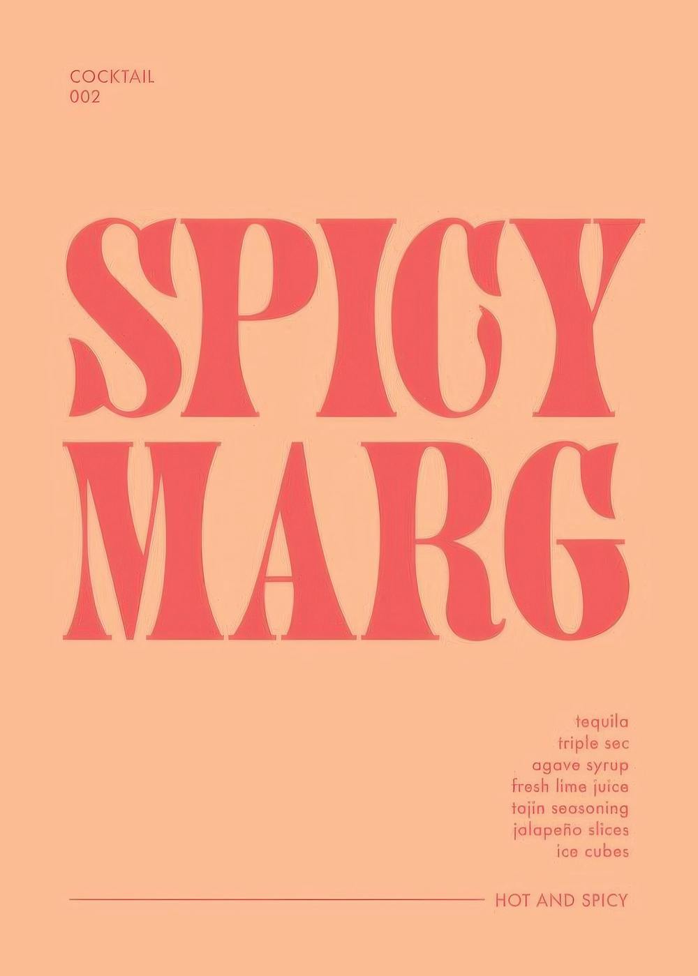 Αφίσα κοκτέιλ Spicy Margarita με παστέλ πορτοκαλί και κόκκινους τόνους, με συνταγή ποτού.