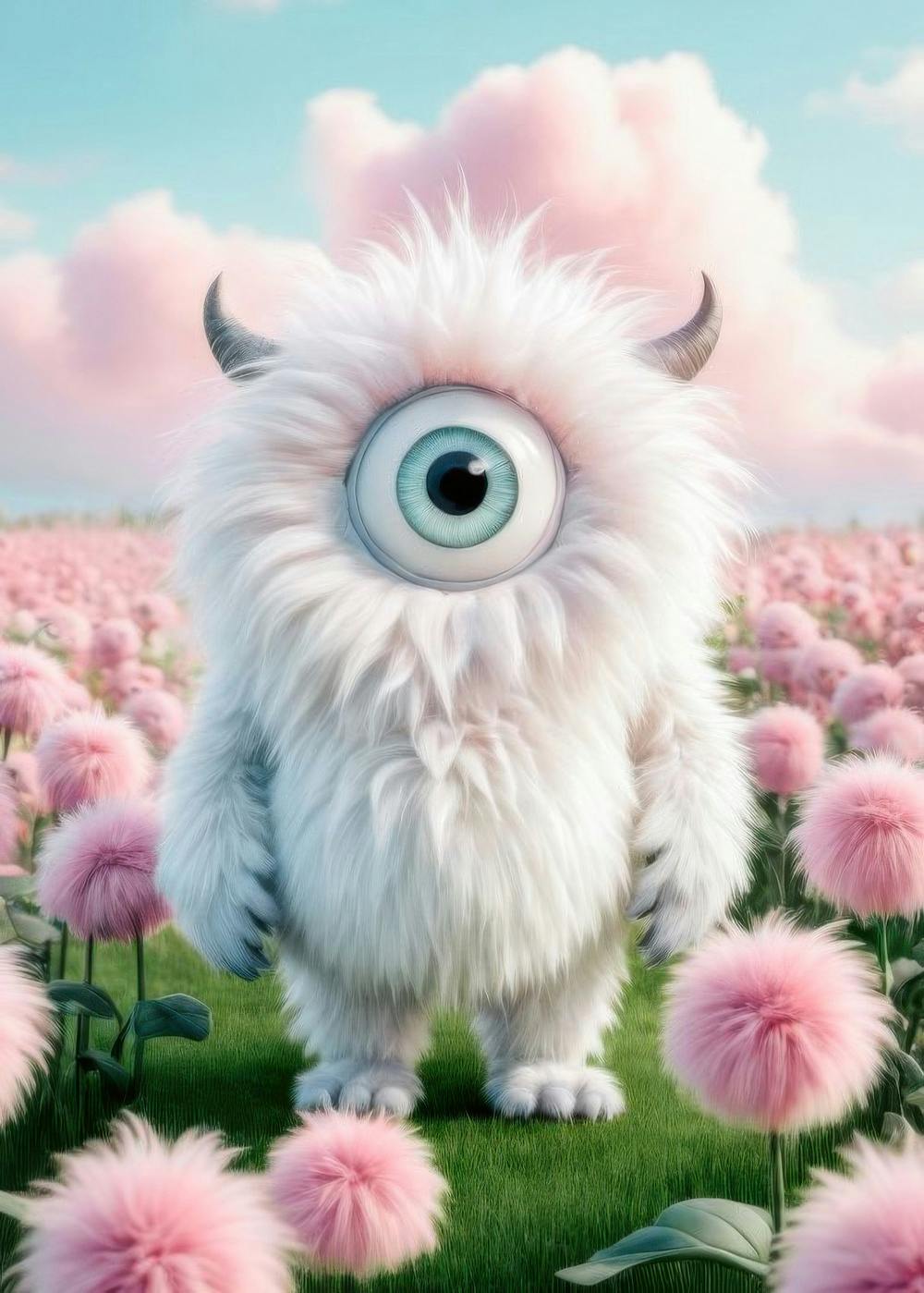En vit lurvig fantasivarelse med ett öga och horn, stående i ett fält av rosa fluffiga blommor under en blå himmel.