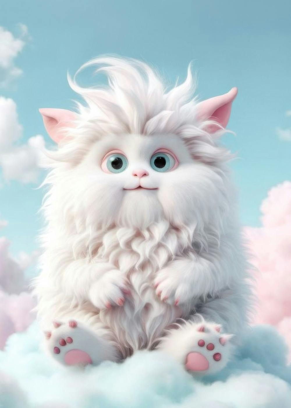 Plakat: puszysta biała istota z dużymi oczami i różowymi łapkami, siedząca na niebieskiej chmurze, dekoracja pokoju dziecka.