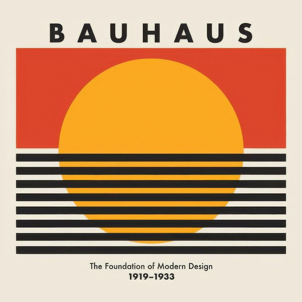 Affiche Bauhaus audacieuse avec soleil orange, ciel rouge et rayures noires sur fond beige, typographie Bauhaus en haut.