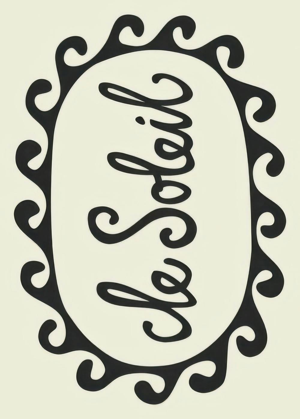 Affiche avec le mot le soleil écrit en calligraphie noire stylisée à lintérieur dune bordure ondulée.