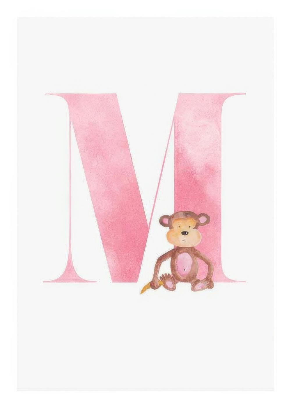 Póster do alfabeto M com letra rosa aquarela e macaco castanho a segurar uma banana, ilustração infantil.