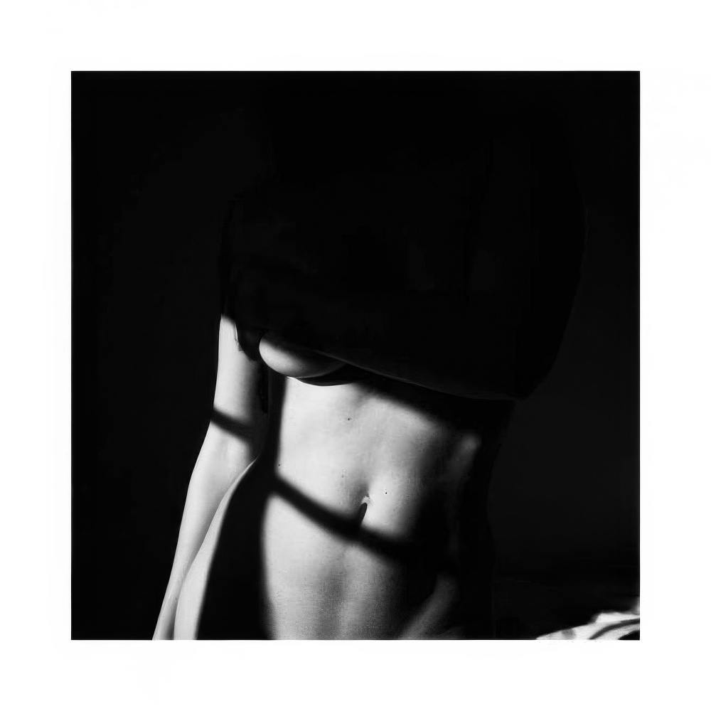 Black and white print of a womans torso with dramatic shadows and light across her body, a unique poster.