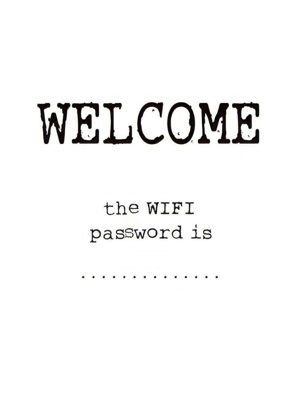 En plakat i sort og hvid med teksten WELCOME the WIFI password is vist på en grå hylde med en hvid ananasfigur og to æsker.