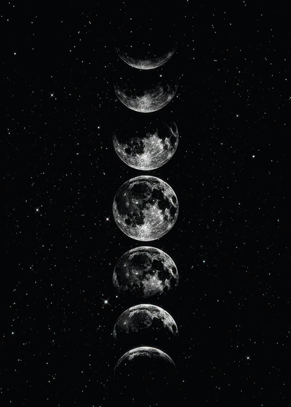 Moon phases poster with black and white lunar cycle and stars on a deep space background.