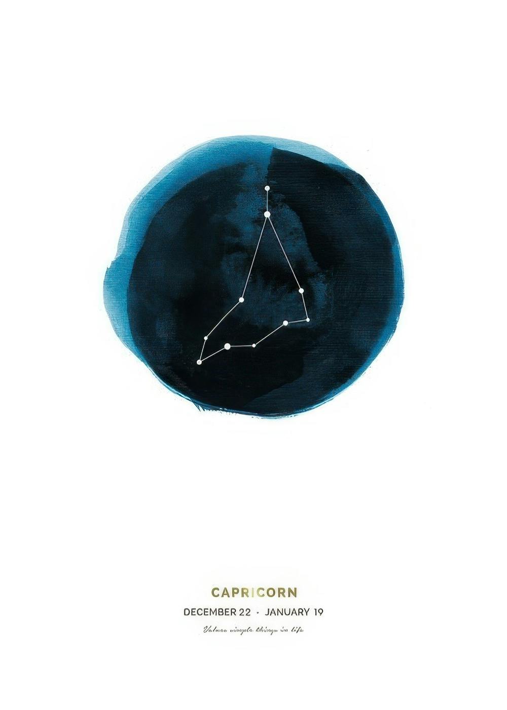 Capricorn zodiac sign poster with constellation in white over a deep blue watercolor circle, gold foil text.