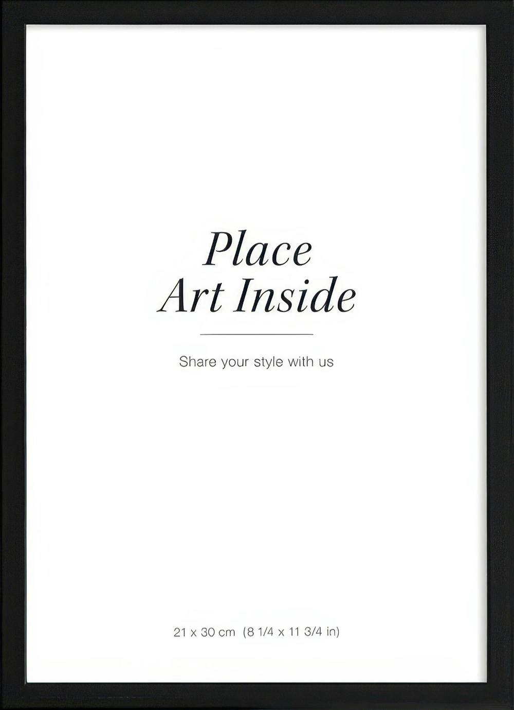 Black wood picture frame with a white insert that says Place Art Inside.