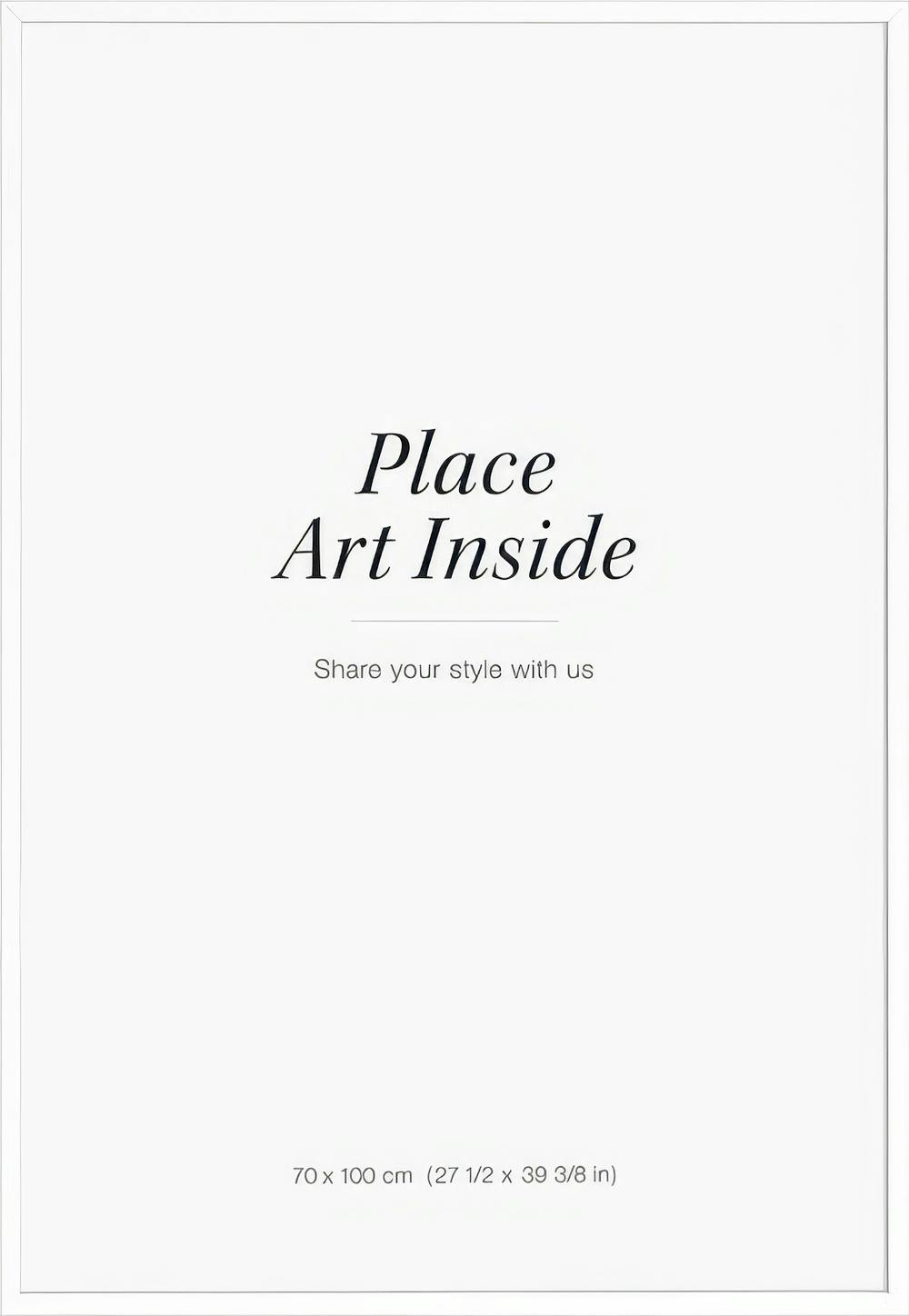 White wood picture frame with plexiglass, standing vertically. Place Art Inside text in the center.